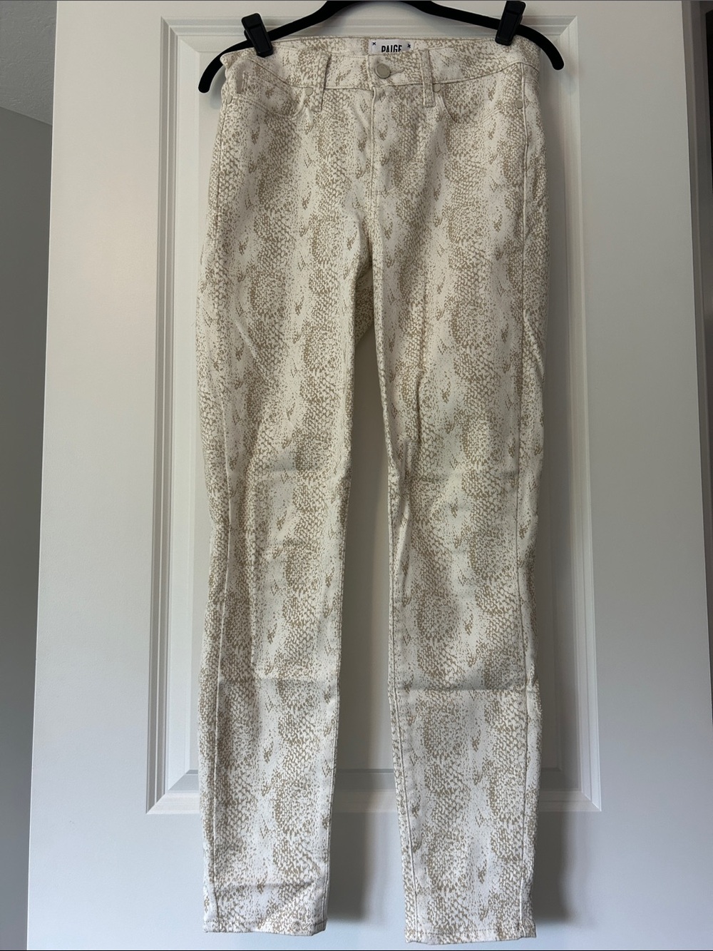 PAIGE Ivory and Taupe Snake Print Skinny Pants